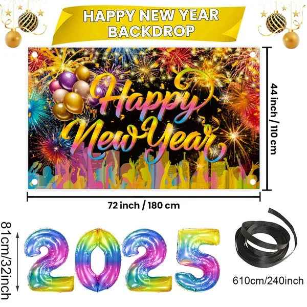 2025 New Year Backdrop with 32" Balloons | Photo Studio Party Props