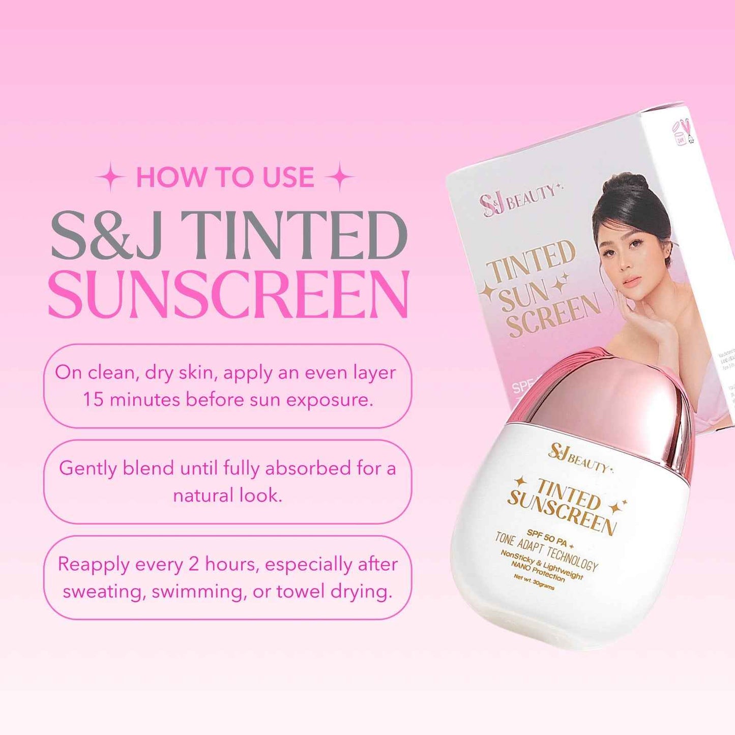 S and J Beauty Tinted Sunscreen SPF50 PA+, No White Cast, Non-Sticky Lightweight Nano Protection, Daily UV Defense for Face and Body, 30grams