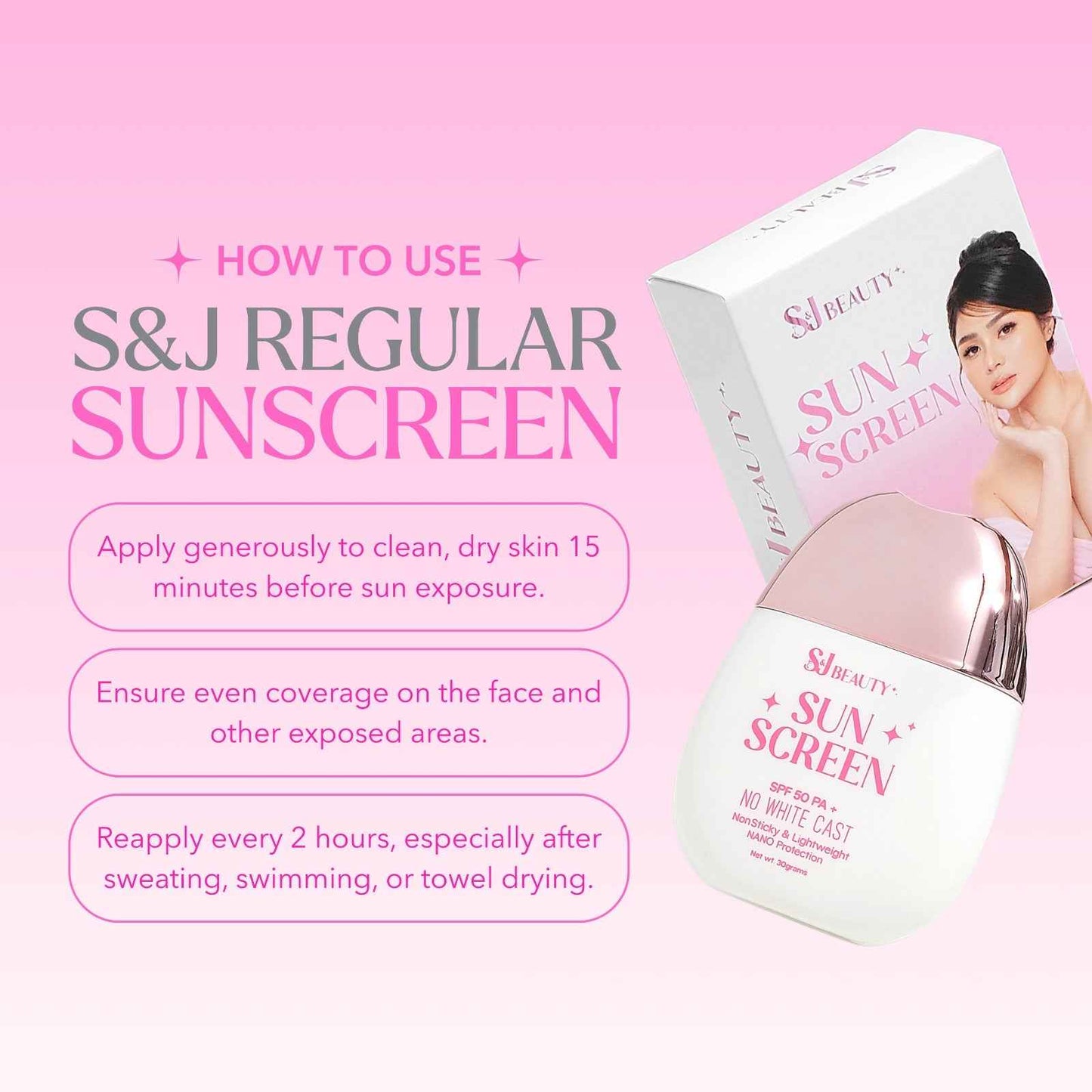 S and J Beauty Regular Sunscreen SPF50 PA+, No White Cast, Non-Sticky Lightweight Nano Protection, Daily UV Defense for Face and Body, 30grams