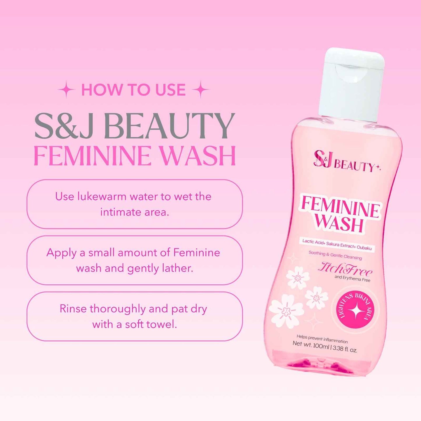 S and J Beauty Feminine Wash, Gentle Intimate Cleansing, Lactic Acid and Sakura Extract, Itch-Free Formula, 100ml