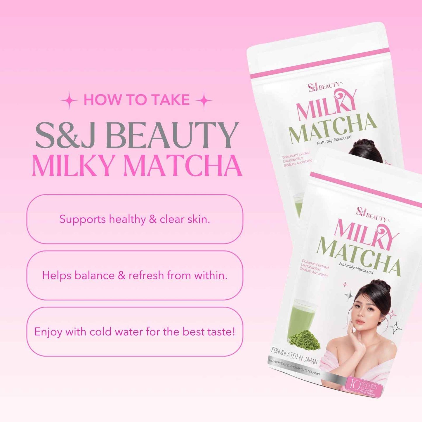 S and J Beauty Milky Matcha Green Tea Powder, Japanese Formula, Natural Flavoured, 10 Sachets x 15g, Supports Healthy Skin, Formulated in Japan