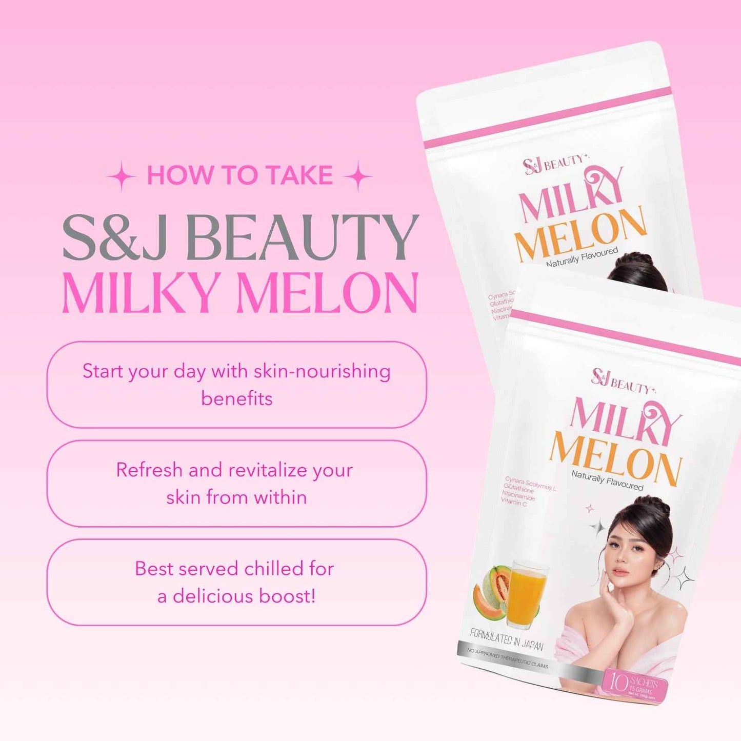 S and J Beauty Milky Melon Beauty Drink, Naturally Flavored Skin-Nourishing Supplement, Japanese Formula, 10 Sachets