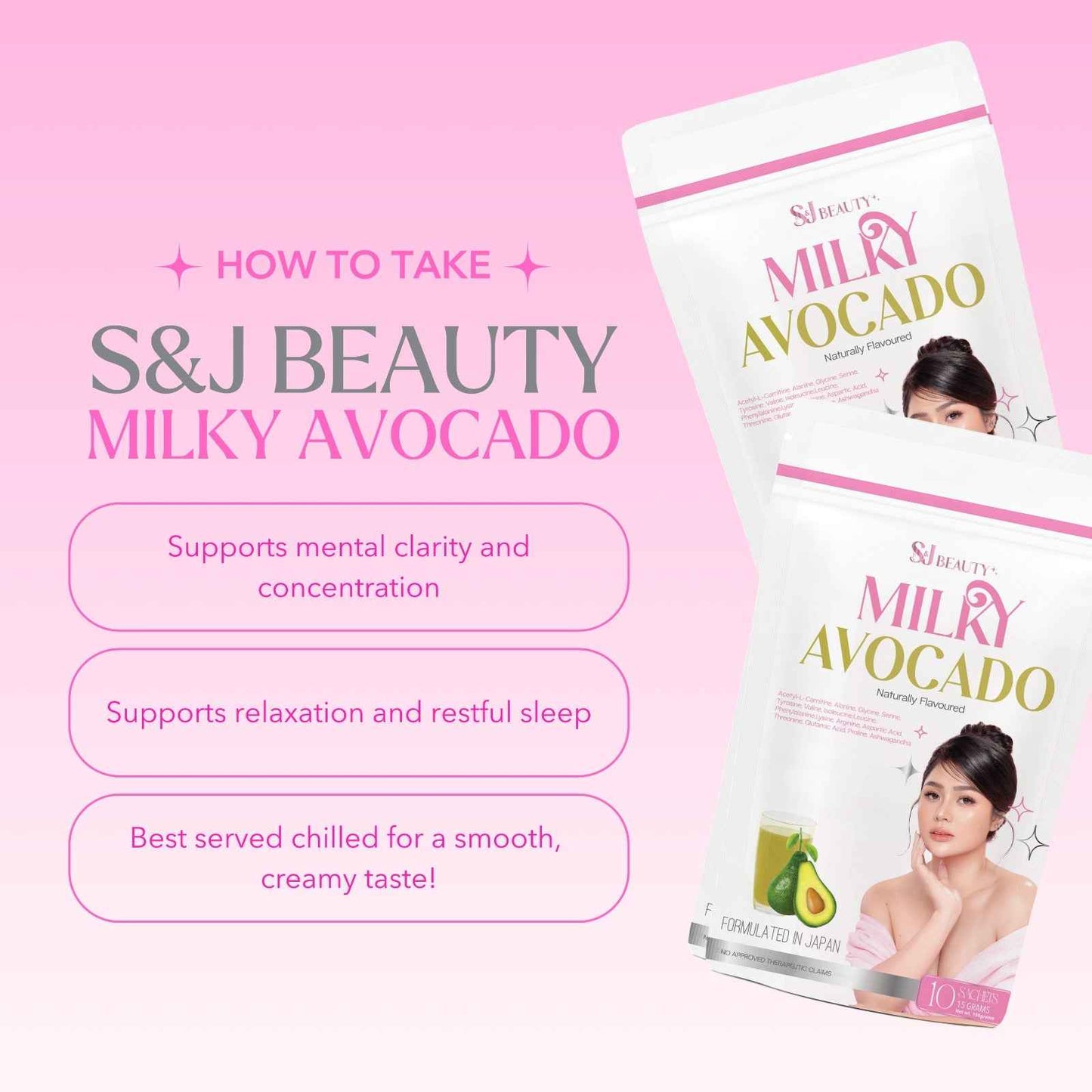 S and J Beauty Milky Avocado Beauty Supplement, Natural Flavoured, With Acetyl L-Carnitine and Essential Amino Acids, 15g x 10 Sachets, Japanese Formulation