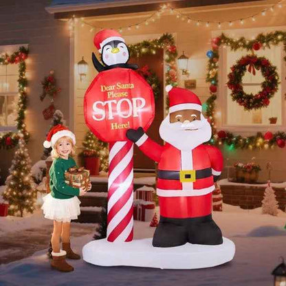 8.2FT Lighted Christmas Inflatable Decoration, Inflatable Black Santa & Road Sign, Funny Blow Up Yard Decorations With Built-in LED Lights For Holiday Party Front Yard Lawn Garden Decor