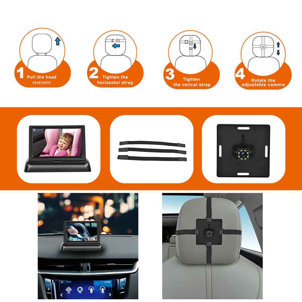 12-24V Folding Screen For Baby Monitoring Images In Car With Cigarette Lighter Power Cord  Night Vision Eight-lamp Camera