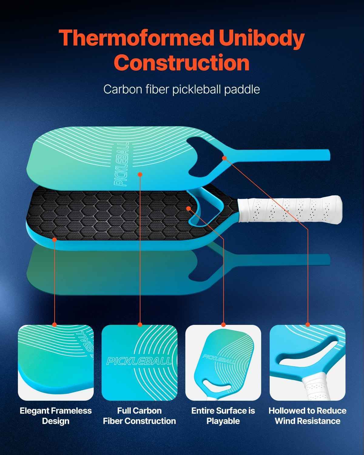 Pro Carbon Fiber Pickleball Racket - Aero Throat Honeycomb Core 550g