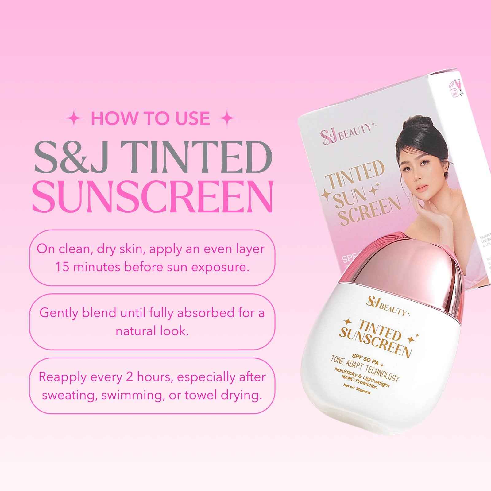 S and J Beauty Tinted Sunscreen SPF50 PA+, No White Cast, Non-Sticky Lightweight Nano Protection, Daily UV Defense for Face and Body, 30grams