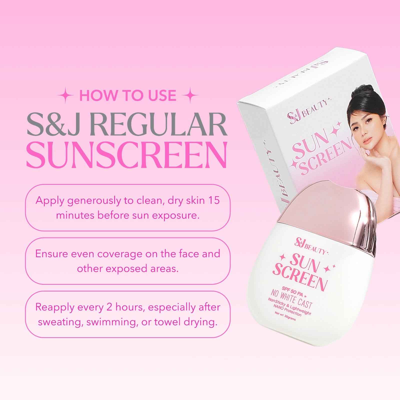 S and J Beauty Regular Sunscreen SPF50 PA+, No White Cast, Non-Sticky Lightweight Nano Protection, Daily UV Defense for Face and Body, 30grams