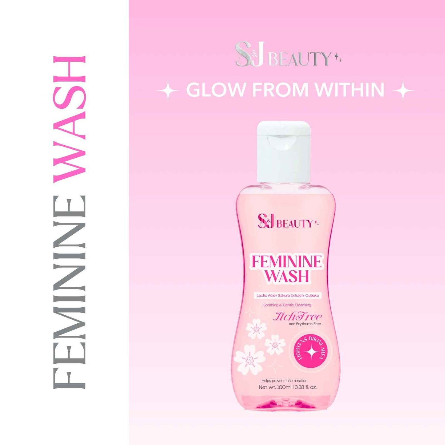 S and J Beauty Feminine Wash, Gentle Intimate Cleansing, Lactic Acid and Sakura Extract, Itch-Free Formula, 100ml