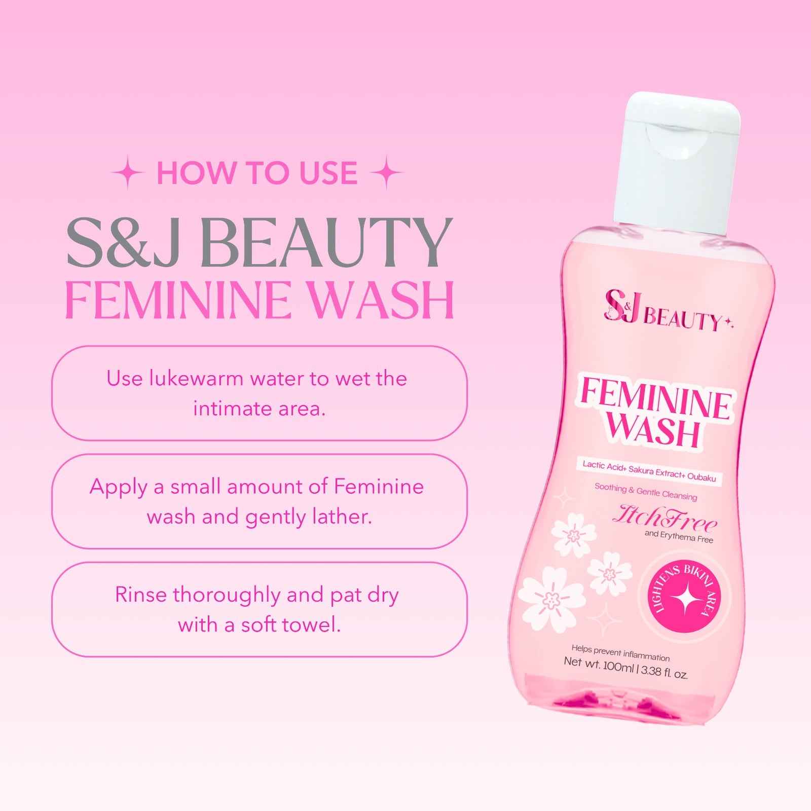 S and J Beauty Feminine Wash, Gentle Intimate Cleansing, Lactic Acid and Sakura Extract, Itch-Free Formula, 100ml
