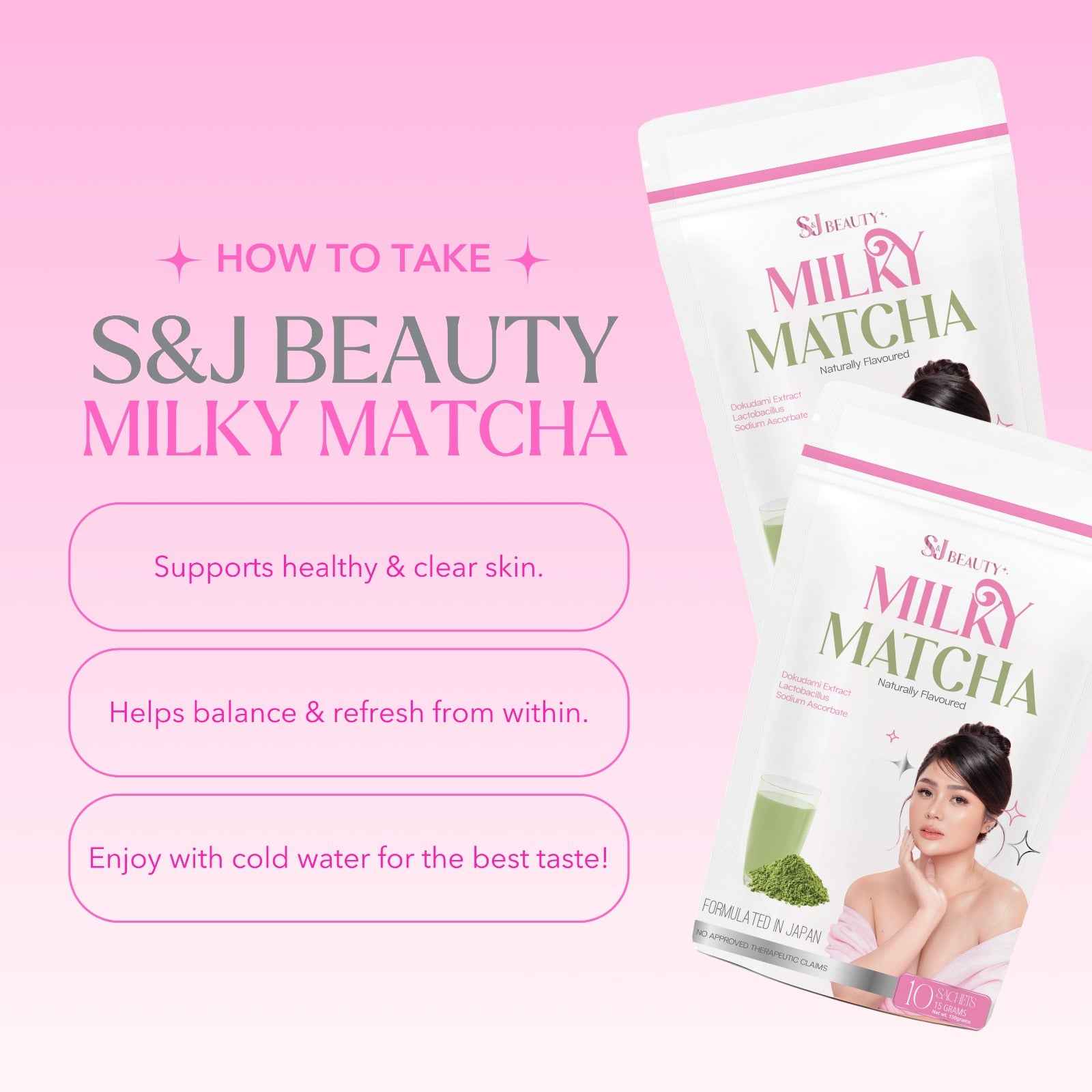 S and J Beauty Milky Matcha Green Tea Powder, Japanese Formula, Natural Flavoured, 10 Sachets x 15g, Supports Healthy Skin, Formulated in Japan