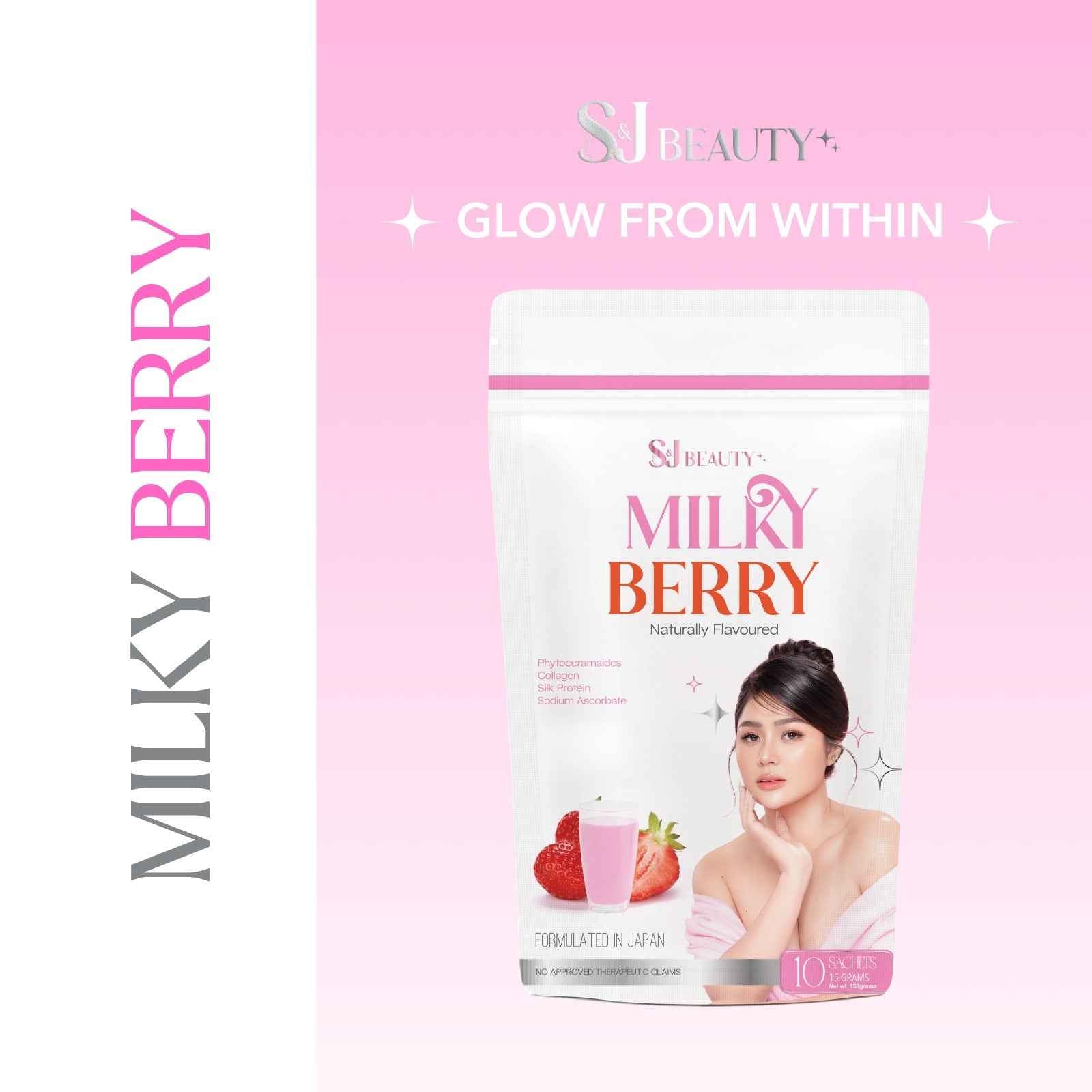 S and J Beauty Milky Berry Beauty Drink, Japanese Formulation, Natural Flavor, Skin Hydration and Rejuvenation Support, 15g x 10 Sachets