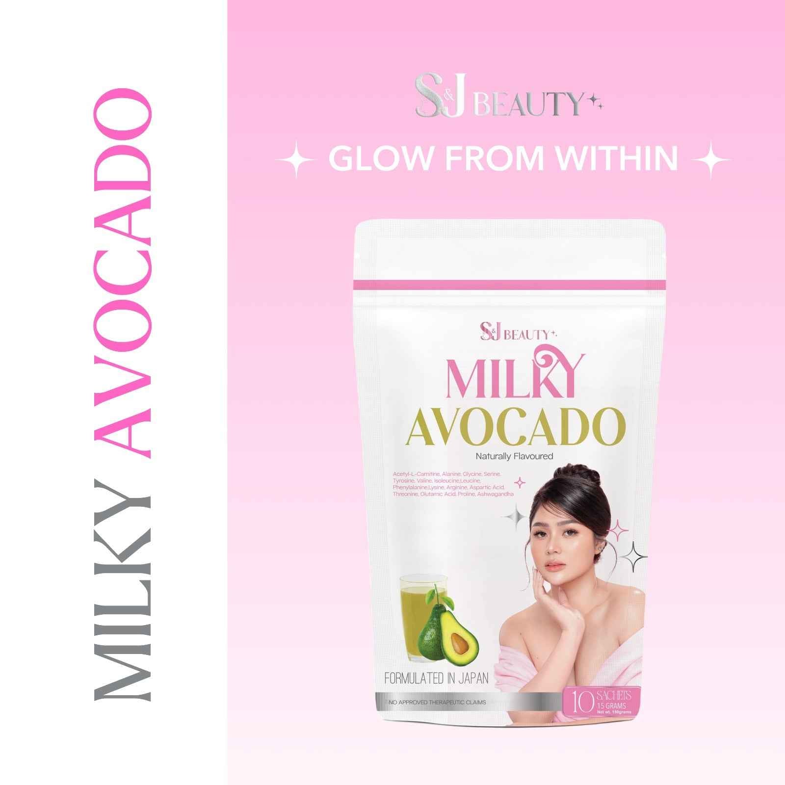 S and J Beauty Milky Avocado Beauty Supplement, Natural Flavoured, With Acetyl L-Carnitine and Essential Amino Acids, 15g x 10 Sachets, Japanese Formulation