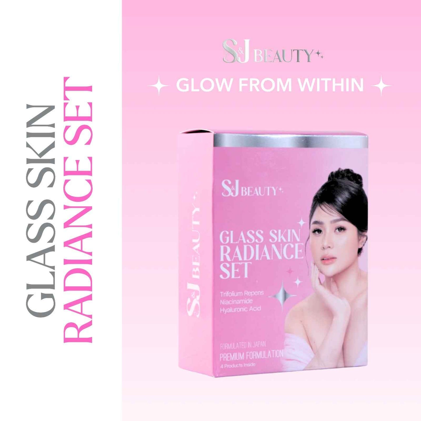 S and J Beauty Glass Skin Radiance Set, 4-Piece Facial Care Collection with Wash, Toner, Serum and SPF 30 Sun Cream, 60ml, for All Skin Types