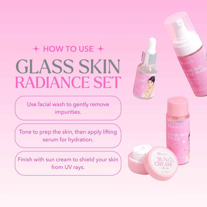 S and J Beauty Glass Skin Radiance Set, 4-Piece Facial Care Collection with Wash, Toner, Serum and SPF 30 Sun Cream, 60ml, for All Skin Types