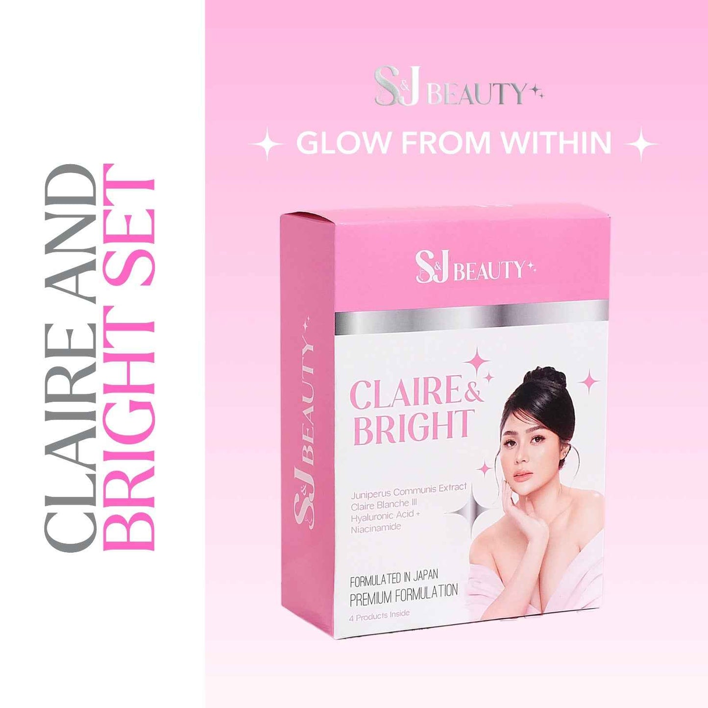 S and J Beauty Claire and Bright Complete Skincare Set, 4-Piece with Brightening Facial Foam, Serum, Toner, Sun Cream SPF 30, 60ml Each, for All Skin Types