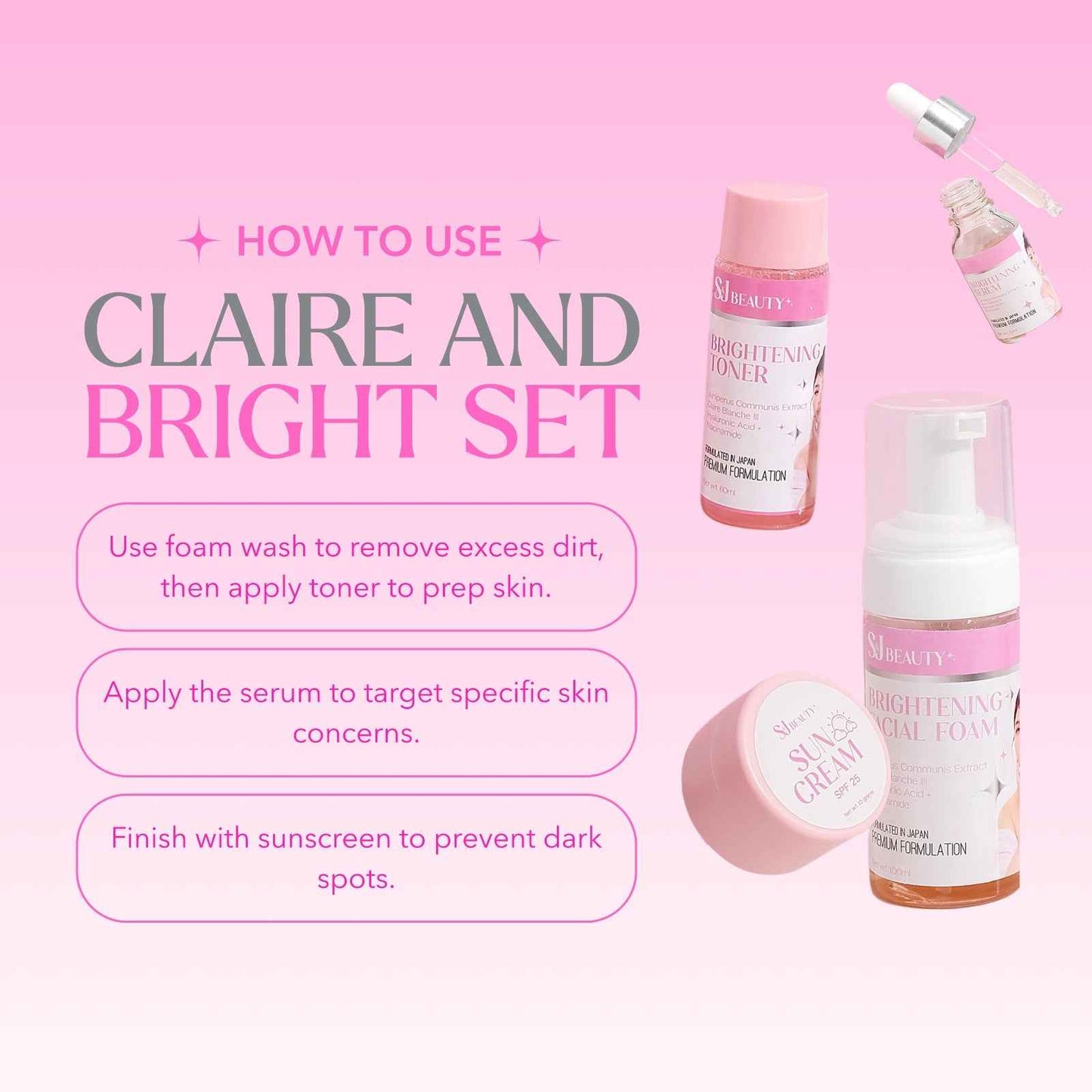 S and J Beauty Claire and Bright Complete Skincare Set, 4-Piece with Brightening Facial Foam, Serum, Toner, Sun Cream SPF 30, 60ml Each, for All Skin Types