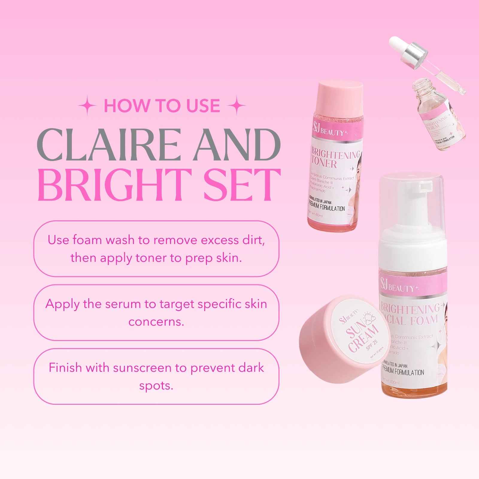 S and J Beauty Claire and Bright Complete Skincare Set, 4-Piece with Brightening Facial Foam, Serum, Toner, Sun Cream SPF 30, 60ml Each, for All Skin Types