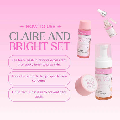 S and J Beauty Claire and Bright Complete Skincare Set, 4-Piece with Brightening Facial Foam, Serum, Toner, Sun Cream SPF 30, 60ml Each, for All Skin Types