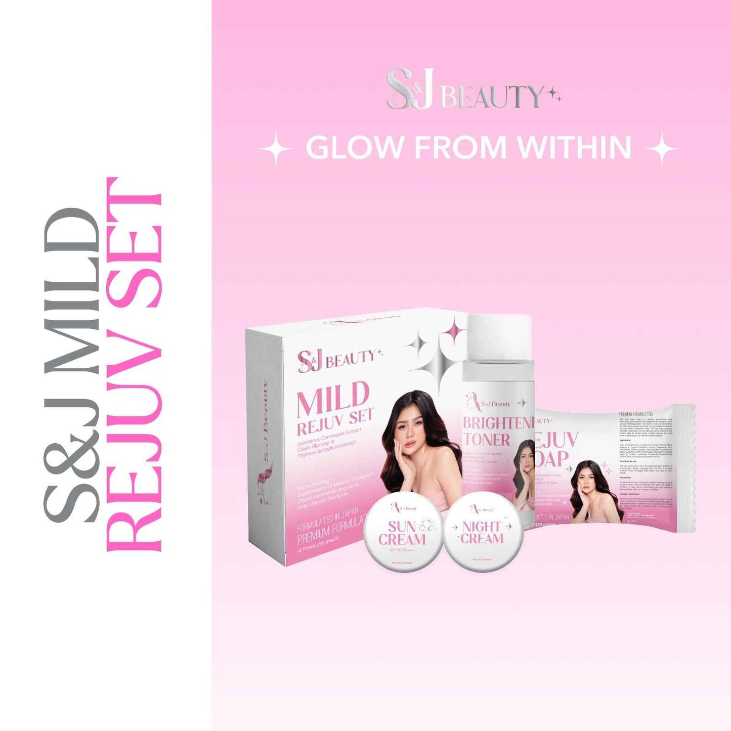 S and J Beauty Mild Rejuv Set, Skincare Collection with Brightening Toner, Rejuv Soap, Sun Cream, Night Cream for Gentle Exfoliation and Even Skin Tone