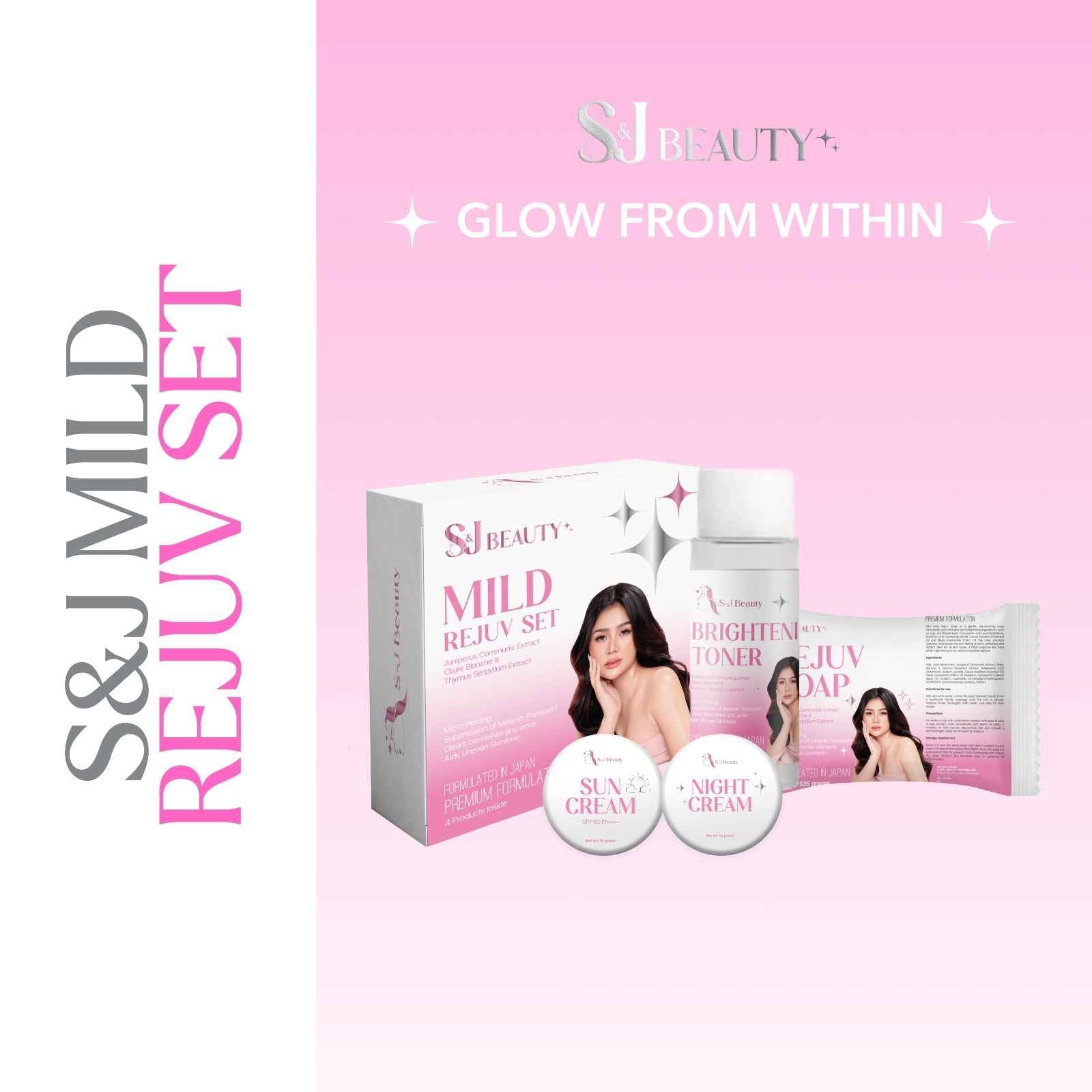 S and J Beauty Mild Rejuv Set, Skincare Collection with Brightening Toner, Rejuv Soap, Sun Cream, Night Cream for Gentle Exfoliation and Even Skin Tone