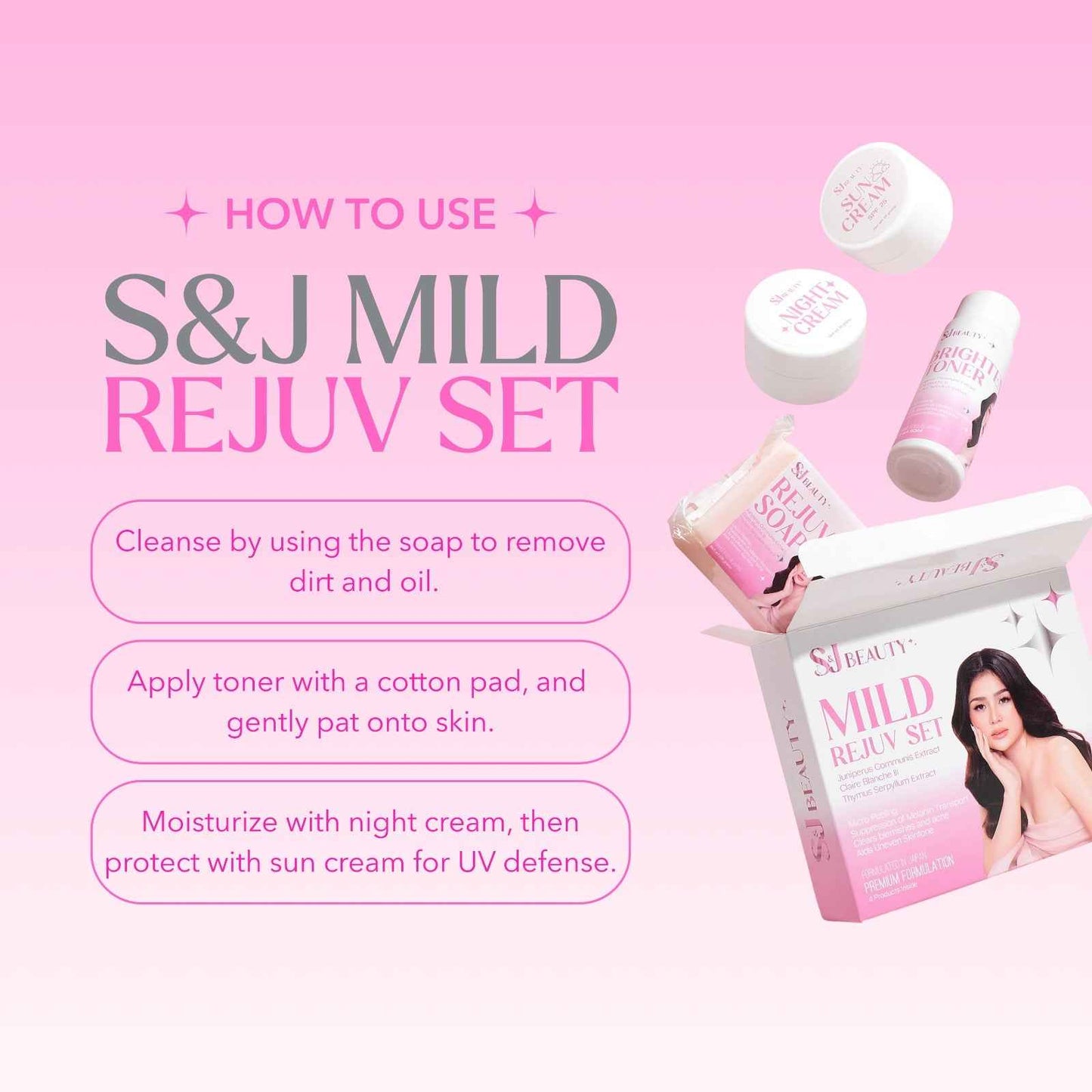 S and J Beauty Mild Rejuv Set, Skincare Collection with Brightening Toner, Rejuv Soap, Sun Cream, Night Cream for Gentle Exfoliation and Even Skin Tone