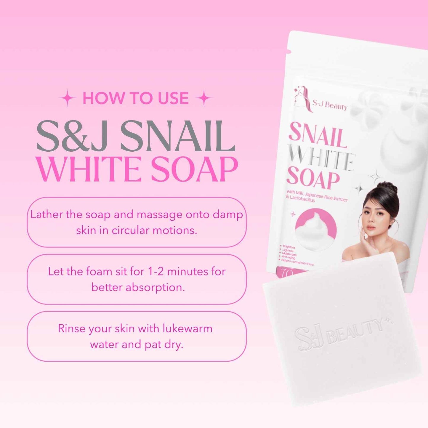 S and J Beauty Snail White Soap with Milk and Japanese Rice Extract, Anti-Aging Moisturizing Face Soap for Skin Repair and Hydration, 70g x 5 Pieces