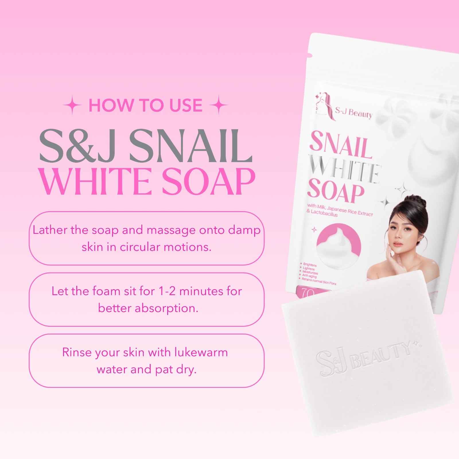 S and J Beauty Snail White Soap with Milk and Japanese Rice Extract, Anti-Aging Moisturizing Face Soap for Skin Repair and Hydration, 70g x 5 Pieces