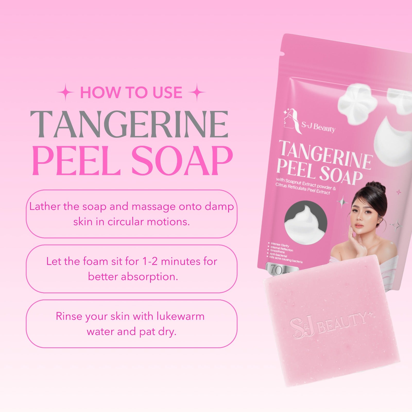 S and J Beauty Tangerine Peel Soap with Soapnut Extract, Brightening Facial Cleanser, Sodium Lactate for Hydration, Moisturizing Skincare, 70g x 5 Pieces