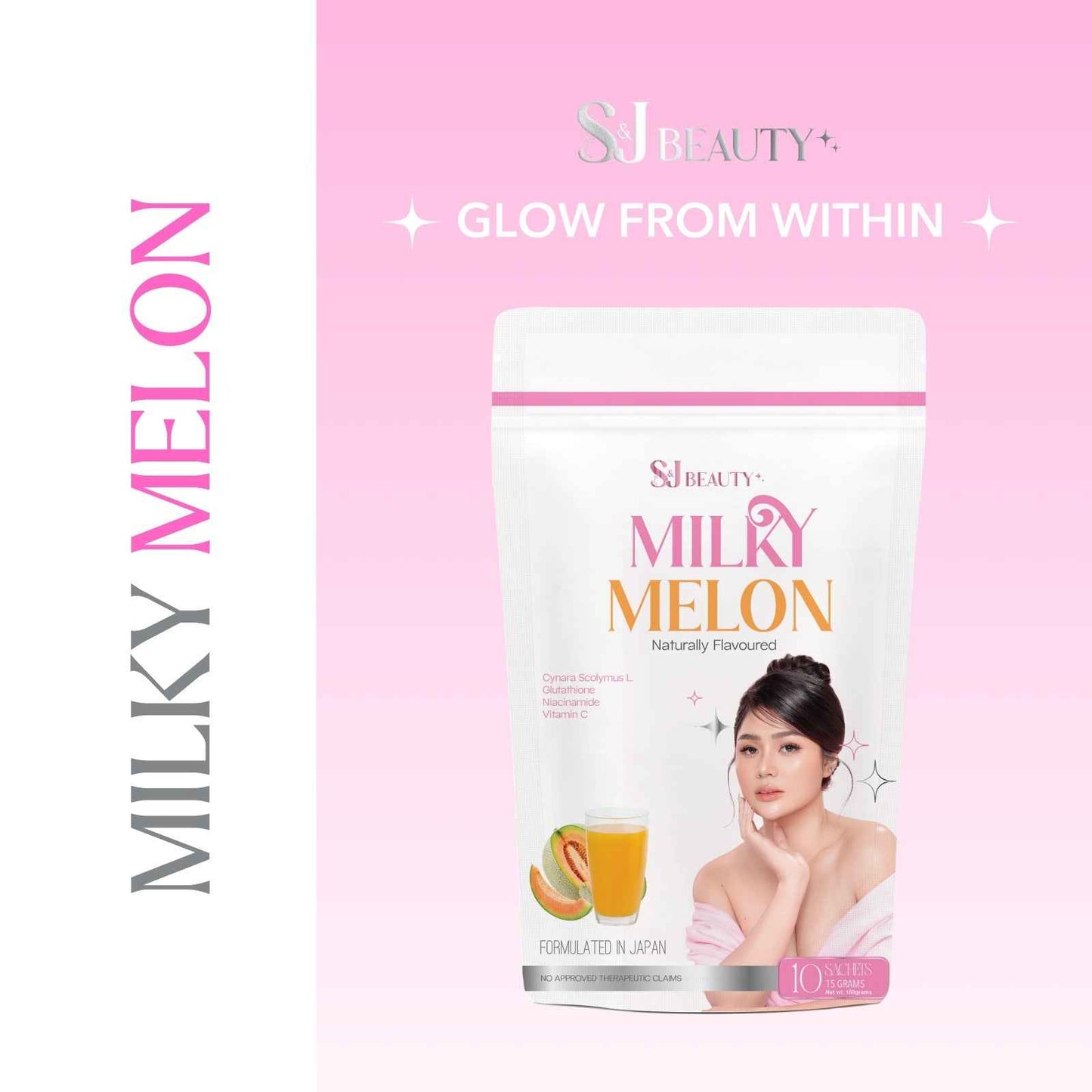 S and J Beauty Milky Melon Beauty Drink, Naturally Flavored Skin-Nourishing Supplement, Japanese Formula, 10 Sachets