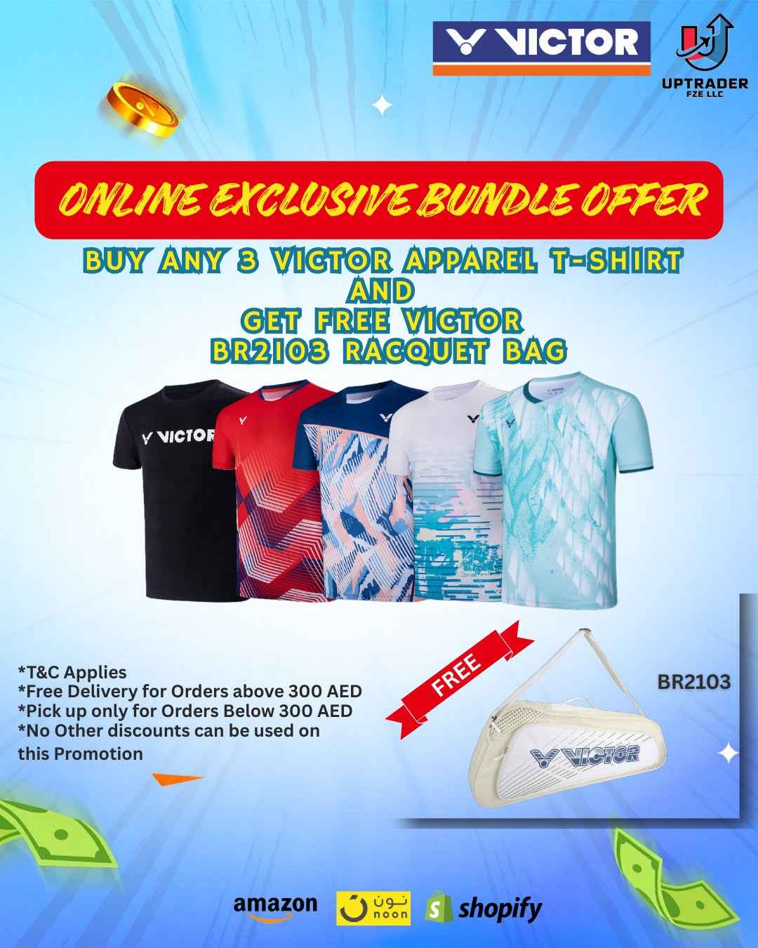 Buy Any 3 Victor Apparel T-Shirt and Get FREE Victor BR2103 H Racket Bag