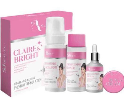 S and J Beauty Claire and Bright Complete Skincare Set, 4-Piece with Brightening Facial Foam, Serum, Toner, Sun Cream SPF 30, 60ml Each, for All Skin Types