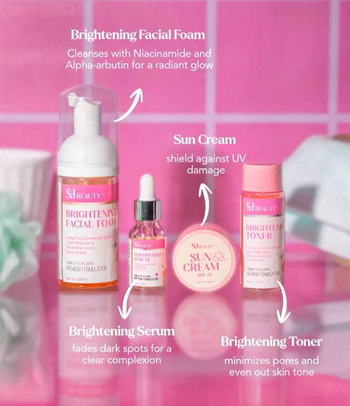 S and J Beauty Claire and Bright Complete Skincare Set, 4-Piece with Brightening Facial Foam, Serum, Toner, Sun Cream SPF 30, 60ml Each, for All Skin Types