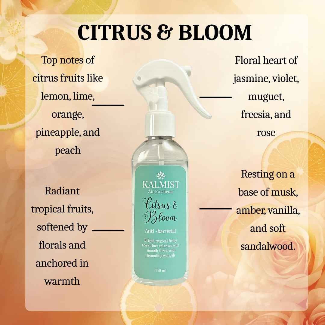 Kalmist Citrus & Bloom Air Freshener, Tropical Fruits, Floral Jasmine, Musk, Amber, Vanilla Notes, Clear Liquid, 150ml