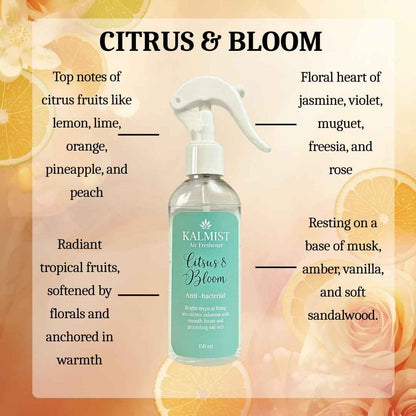 Kalmist Citrus & Bloom Air Freshener, Tropical Fruits, Floral Jasmine, Musk, Amber, Vanilla Notes, Clear Liquid, 150ml