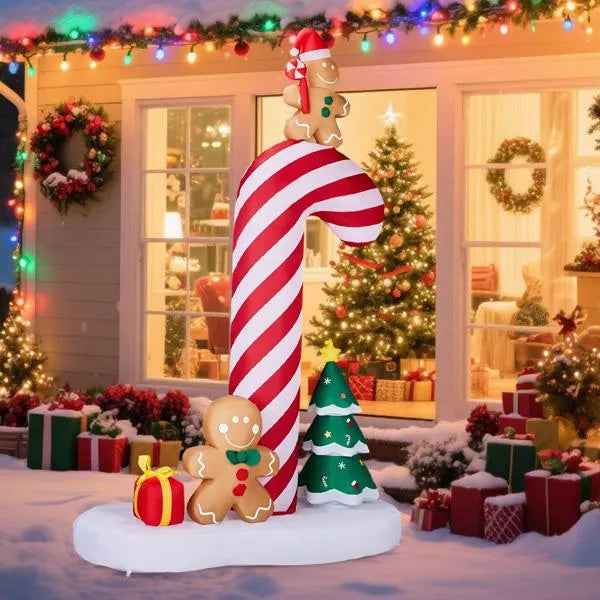8.2FT Lighted Christmas Inflatable Decoration, Inflatable Giant Candy Cane With Gingerbread Men, Funny Blow Up Yard Decorations With Built-in LED Lights For Holiday Party Front Yard Lawn Garden Decor
