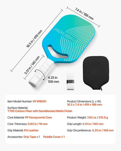 Pro Carbon Fiber Pickleball Racket - Aero Throat Honeycomb Core 550g