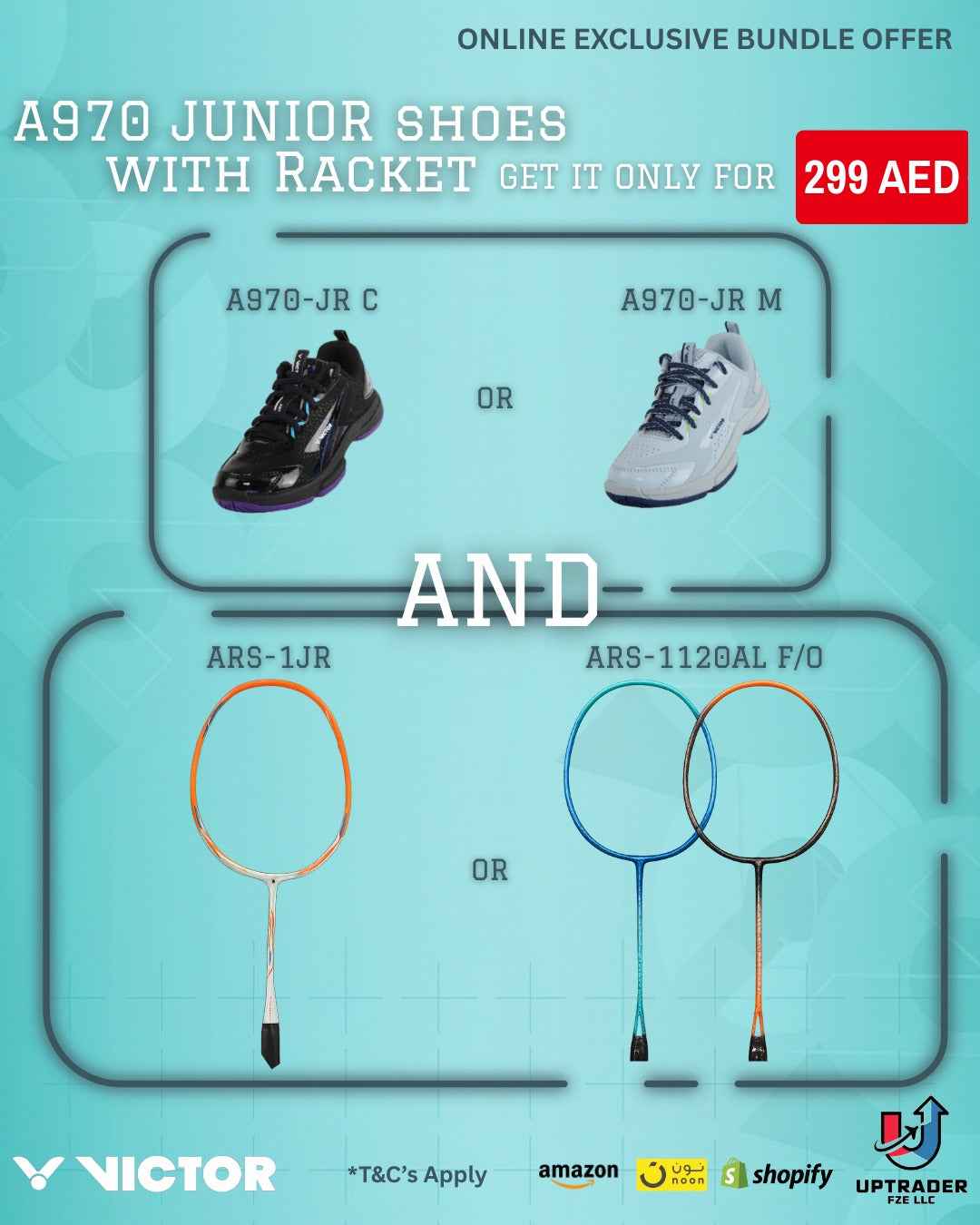 Victor A970JR C/M Junior Shoes and Victor ARS-1 JR or ARS-1120AL Set Junior Racket