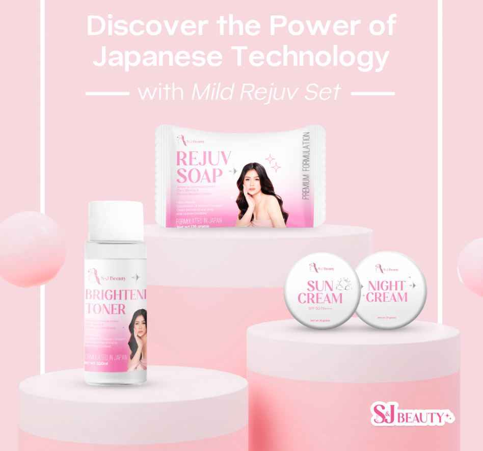 S and J Beauty Mild Rejuv Set, Skincare Collection with Brightening Toner, Rejuv Soap, Sun Cream, Night Cream for Gentle Exfoliation and Even Skin Tone