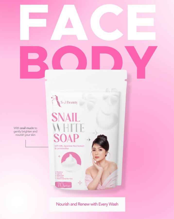 S and J Beauty Snail White Soap with Milk and Japanese Rice Extract, Anti-Aging Moisturizing Face Soap for Skin Repair and Hydration, 70g x 5 Pieces
