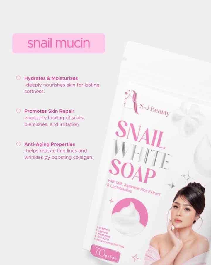 S and J Beauty Snail White Soap with Milk and Japanese Rice Extract, Anti-Aging Moisturizing Face Soap for Skin Repair and Hydration, 70g x 5 Pieces