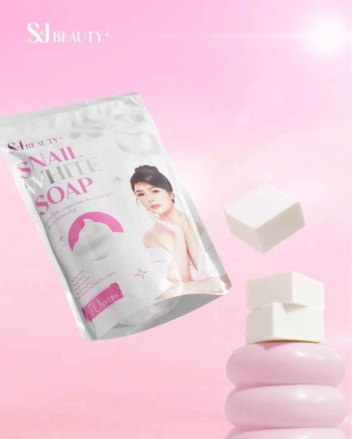 S and J Beauty Snail White Soap with Milk and Japanese Rice Extract, Anti-Aging Moisturizing Face Soap for Skin Repair and Hydration, 70g x 5 Pieces