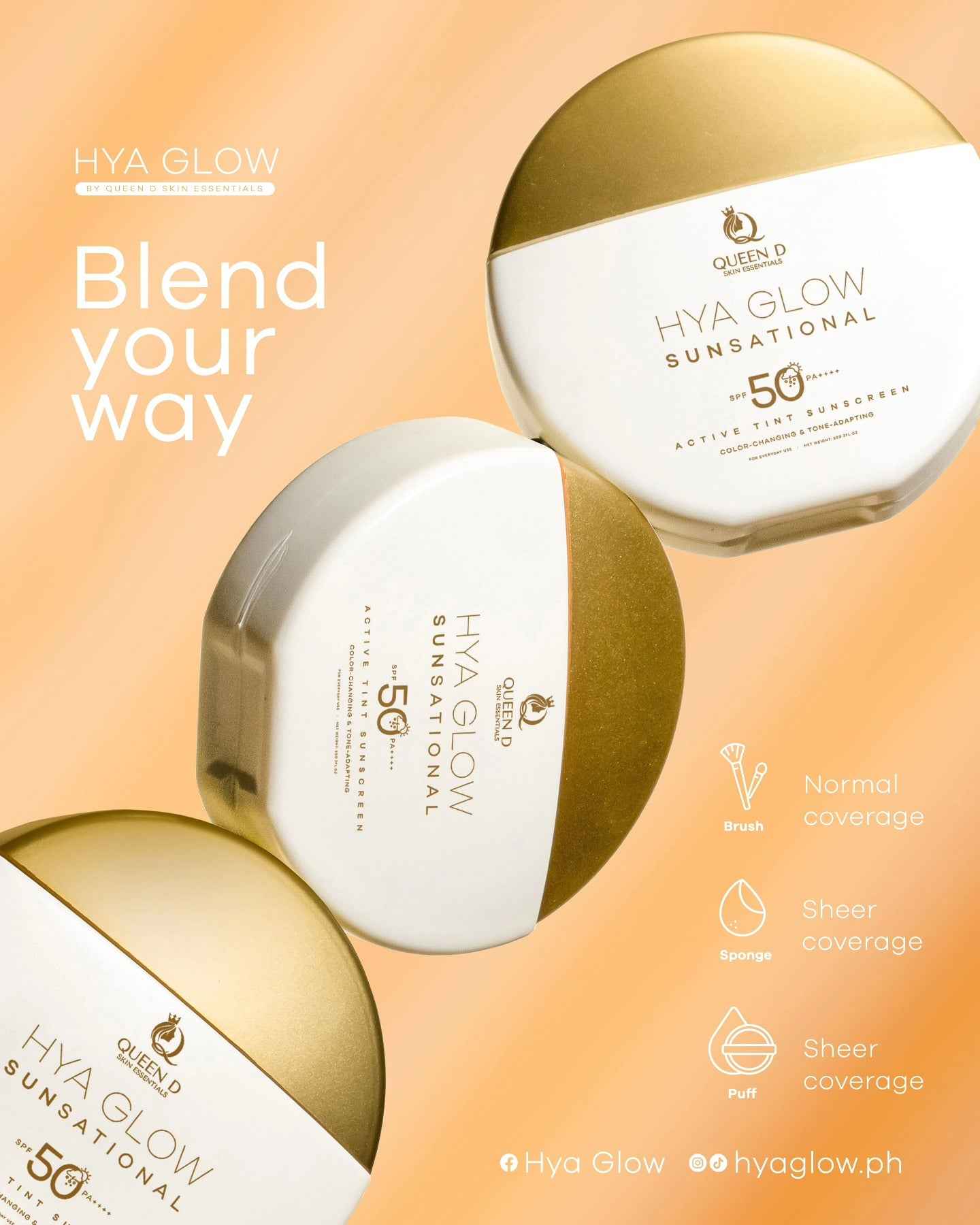 QUEEN D Skin Essentials HYA GLOW SUNSATIONAL Active Tint Sunscreen SPF50+, Tone-Adapting Technology, Demi-Matte Finish, Color Changing