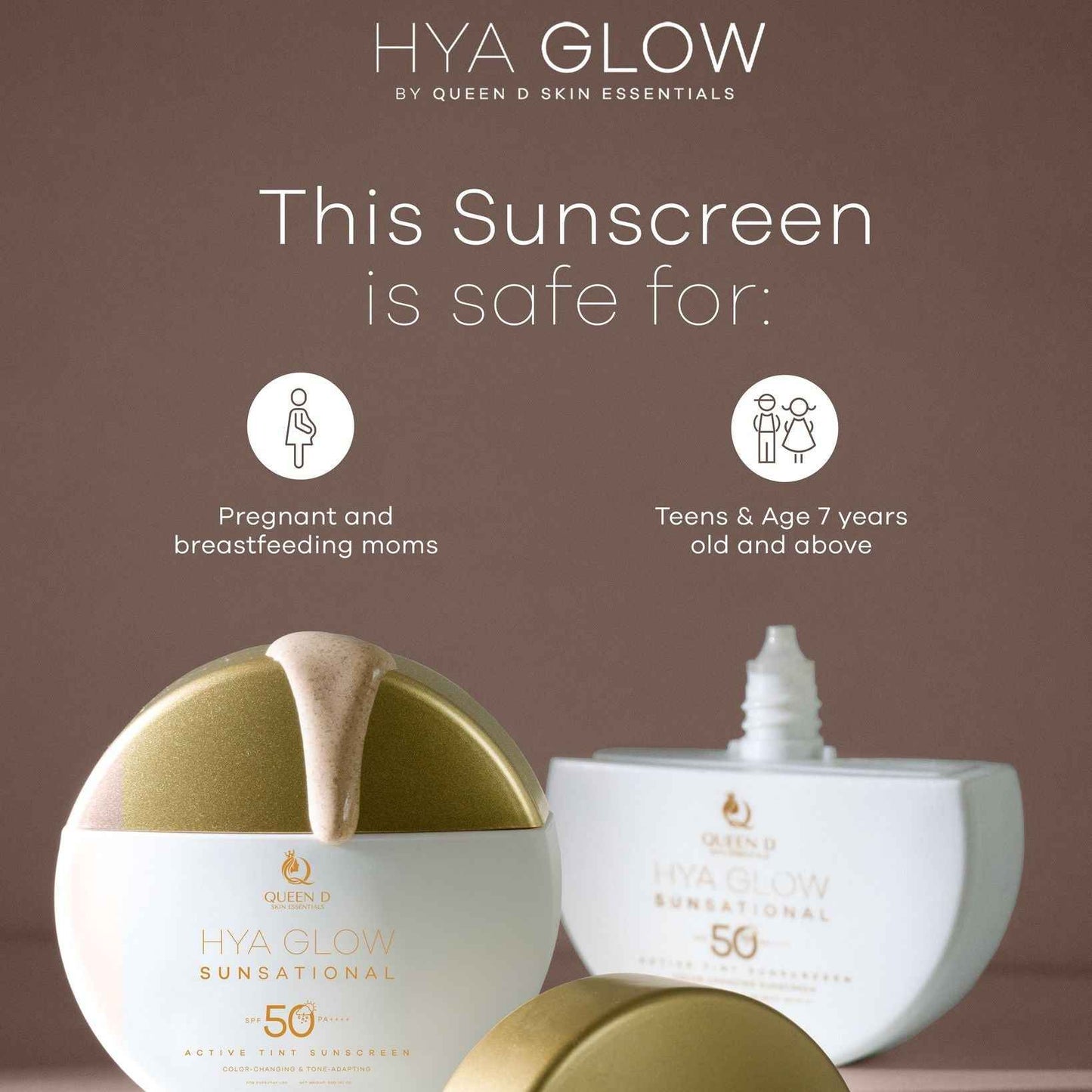 QUEEN D Skin Essentials HYA GLOW SUNSATIONAL Active Tint Sunscreen SPF50+, Tone-Adapting Technology, Demi-Matte Finish, Color Changing