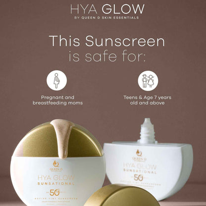 QUEEN D Skin Essentials HYA GLOW SUNSATIONAL Active Tint Sunscreen SPF50+, Tone-Adapting Technology, Demi-Matte Finish, Color Changing